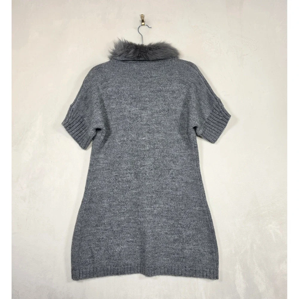 Sisters Cardigan Women's M Gray Wool Knit Faux Fur Short Sleeve Boho